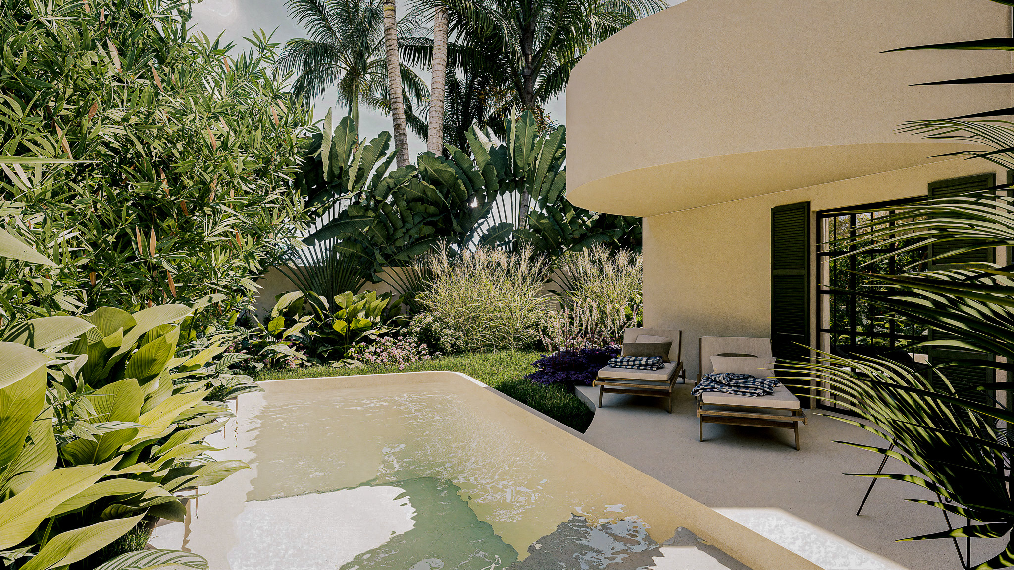 landscape render of Villa Lilja, a tropical garden and pool designed with Scandinavian principles